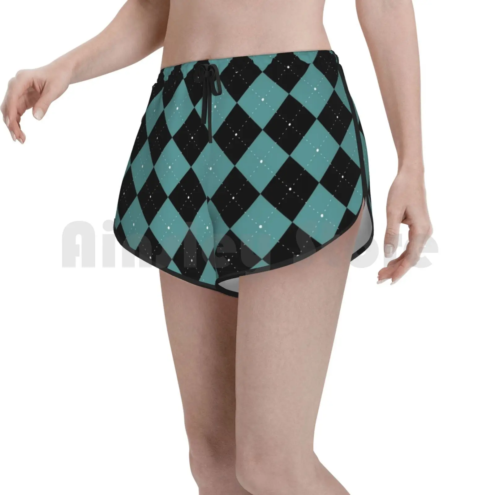 

Argyle Checkered Fabric Pattern Fashion Swim Shorts Women Beach Shorts Shades Of Green Blue Turquoise Cyan Abstract
