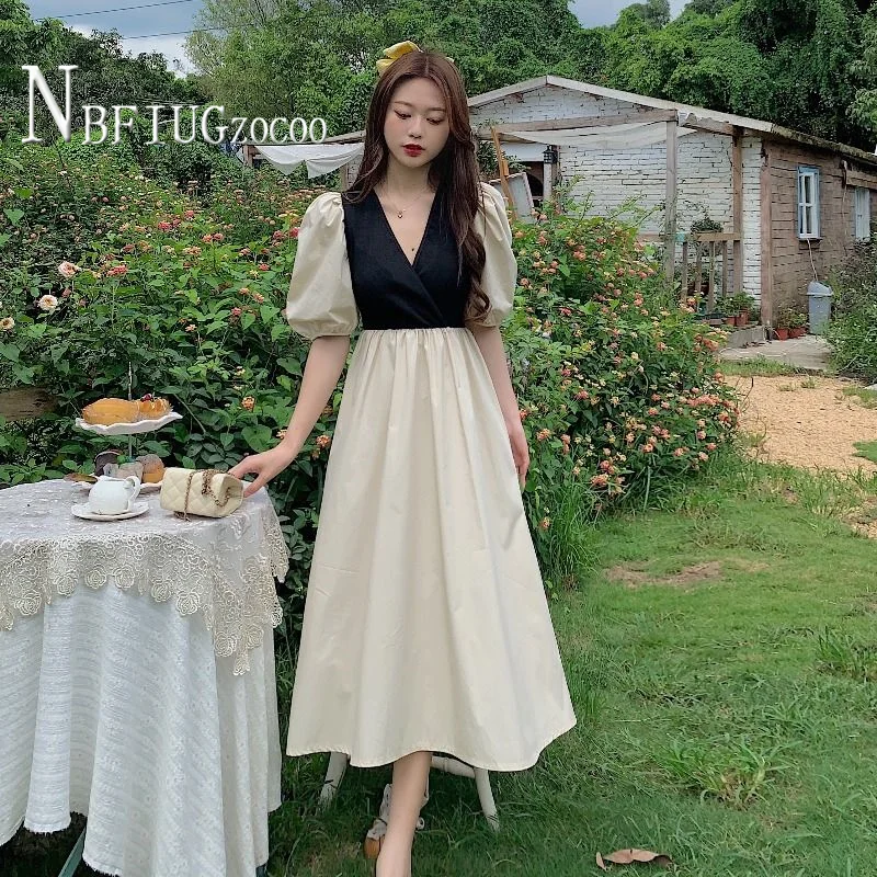 

Summer 2021 New Patchwork Fake Two Pieces Women Dress V Neck Female Dresses