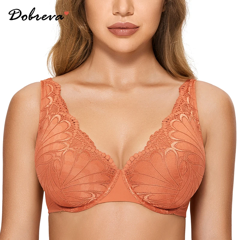 

DOBREVA Women's V-neck Unlined Lace Bra Plus Size Underwire Bralette Sexy See Through Minimizer