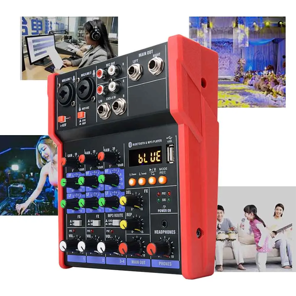 

4 Channels Music Mini Audio Mixer Live Performance Stereo Protable Home DJ Console KTV USB 5V Studio Sound Card Bluetooth Stage