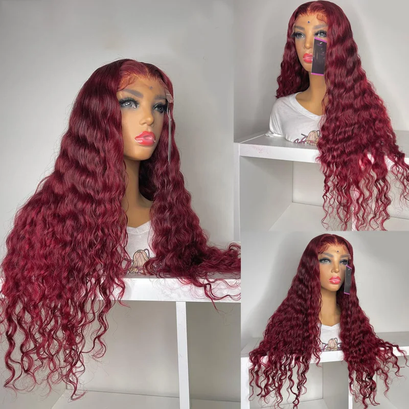 

26 Inch Long Wine Red Deep Wave Synthetic Lace Front Wig For Women With Babyhair Preplucked Glueless Heat Resistant 99j Curly