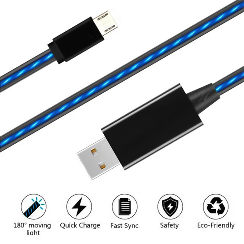1 м струящийся светящийся зарядный USB кабель для передачи данных type C Micro USB светодиодный светящийся Шнур для iPhone Xiaomi huawei Быстрая зарядка яркий Кабо