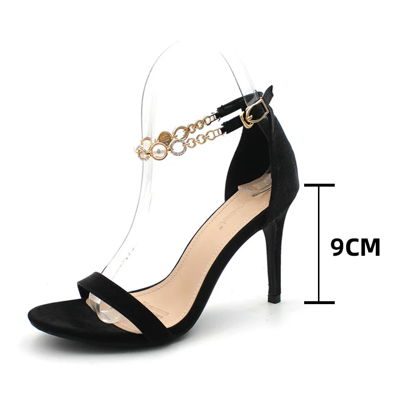 

2020 Summer Women Sandals Buckle Sandals Metal String Bead Open Toe Shoes Sexy Thin High Heels Cat Heel Hollow Shoes Women