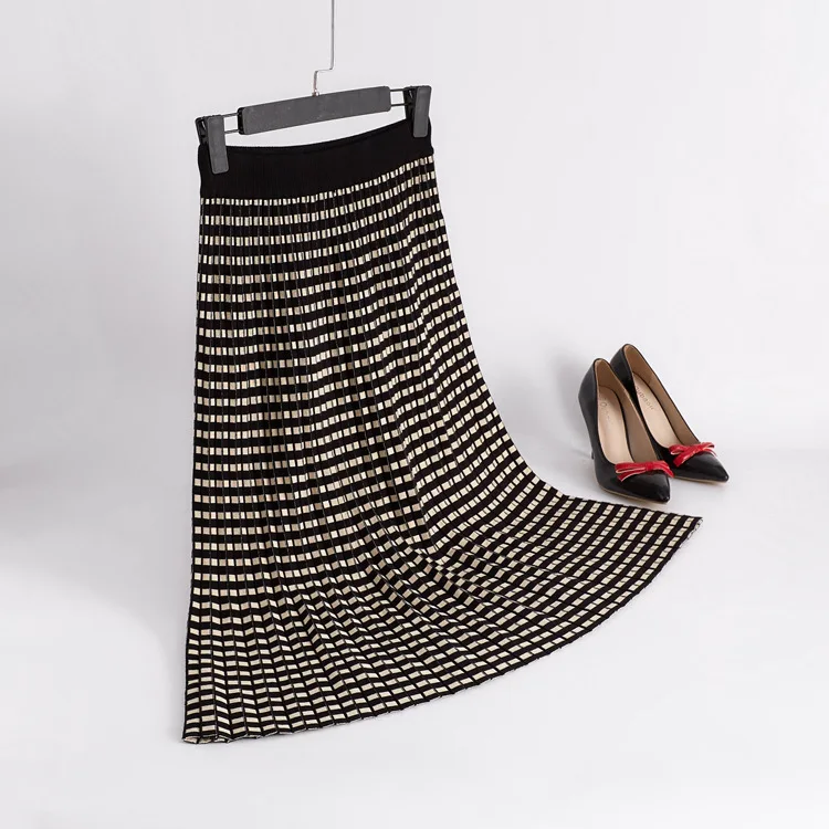 

Women Knitted Skirts Pleated Dot Plaid Print Sweater Skirts High Waist Korean Style Long Skirts Black GMS04