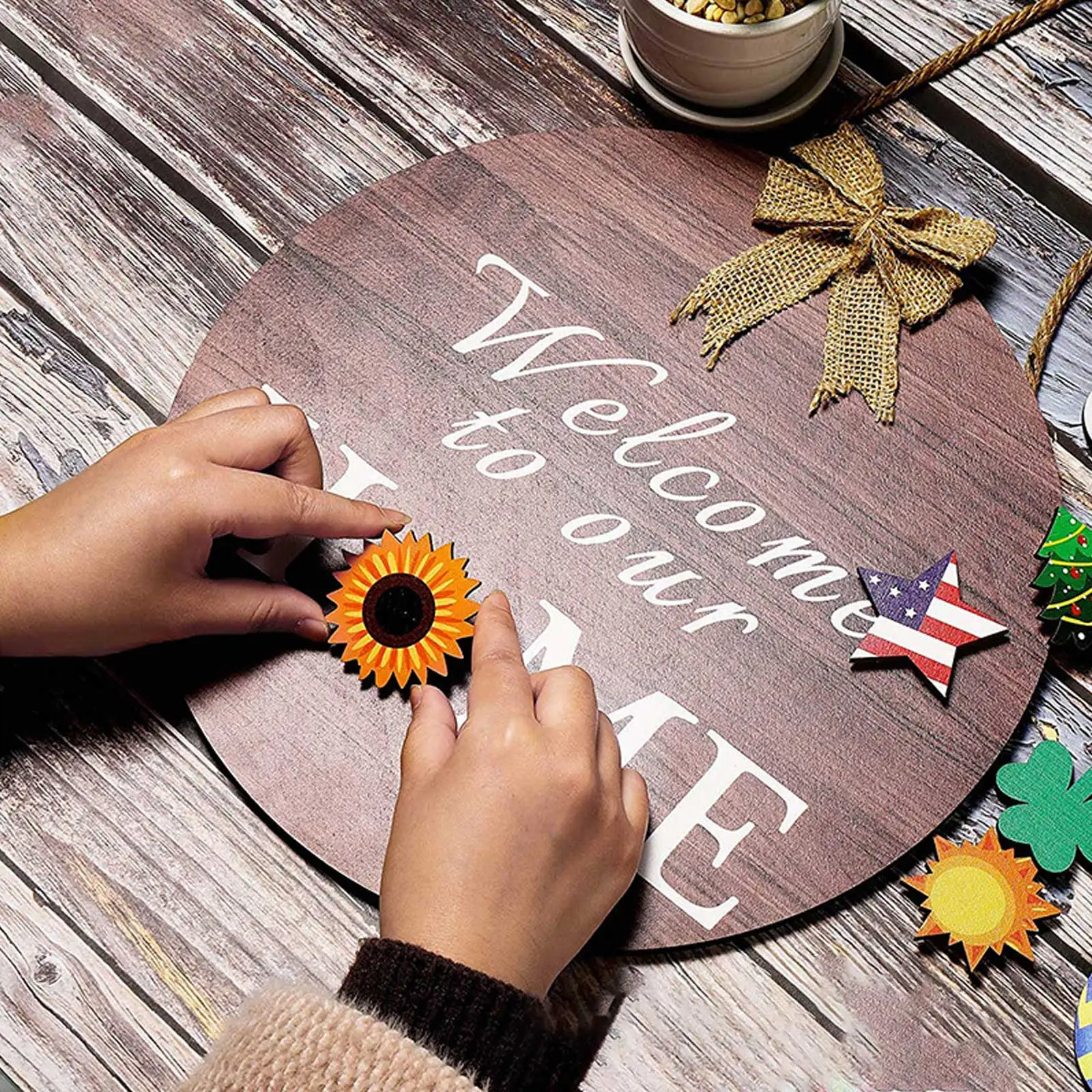 

Behogar Wooden Seasonal Welcome to Our Home Porch Front Door Sign with 14 Ornaments for Independence Day Holiday Decor