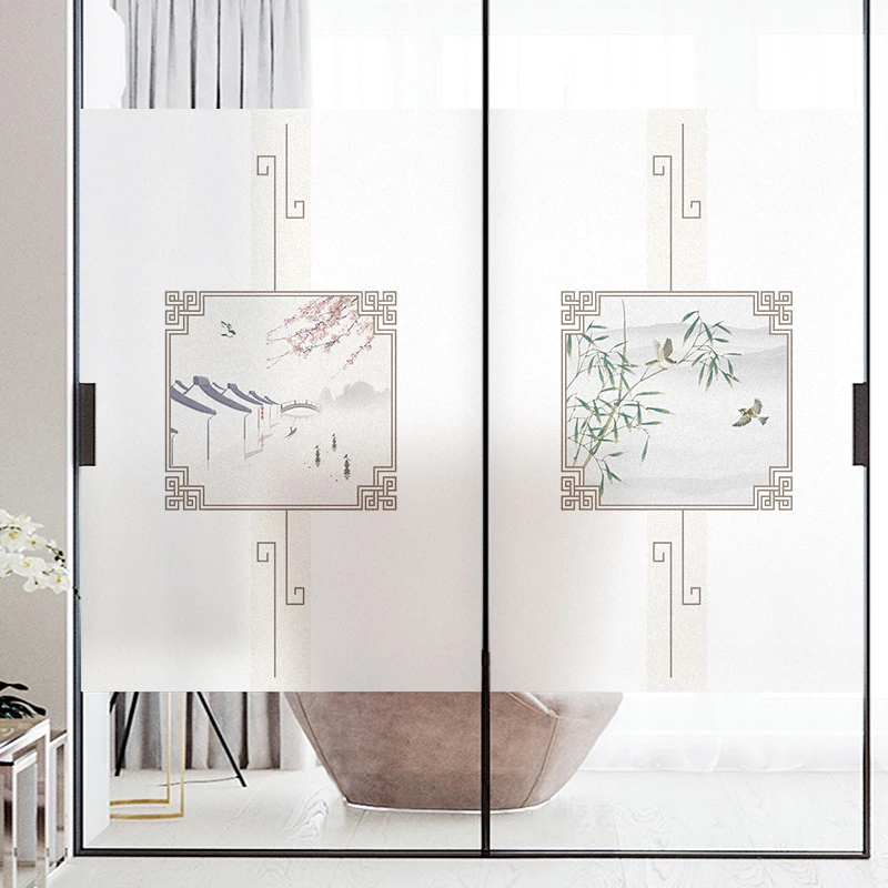 

Glass sticker Chinese style flower bird sliding door bathroom light translucent opaque shading matte film