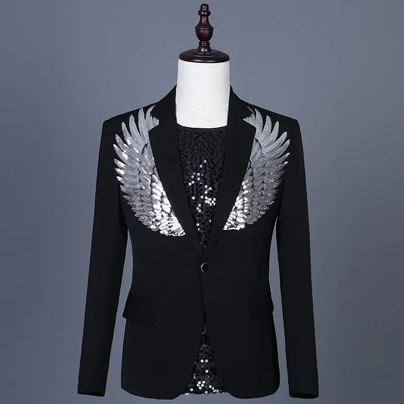 

Men's Casual Black Suit Jacket Night Club Party DJ Singer Costume Rivet Blazer Sequined Silver Clothes Designer Brand