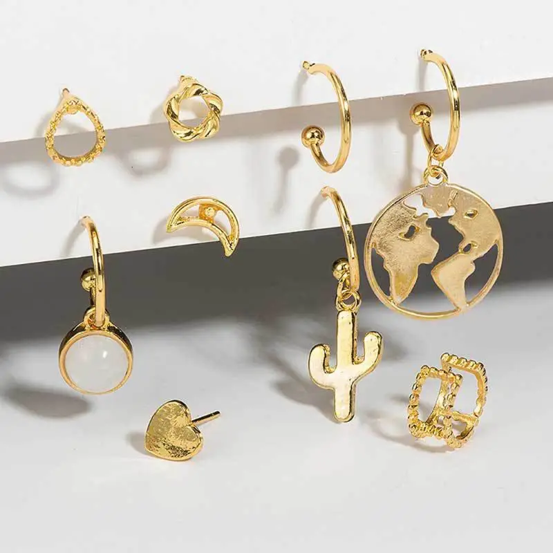 

Golden Bee Star Moon Sun Eye Small Stud Earrings Set Charm Women Fashion Jewelry