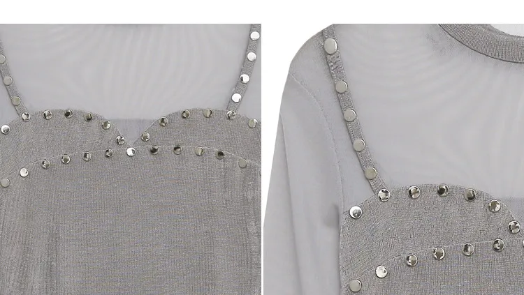 

Summer European Clothes T-Shirt Chic Sexy Patchwork Mesh Transparent Rivet Women Tops Long Sleeve Pullover Tees New 2021 T17319A