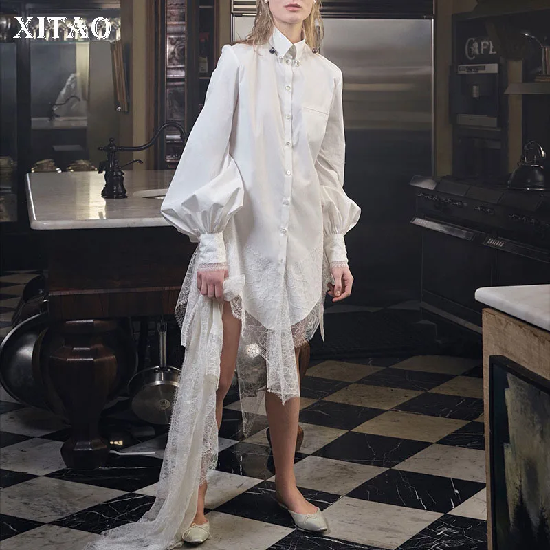 XITAO Асимметричная кружевная Лоскутная рубашка с буфами на рукавах однобортная