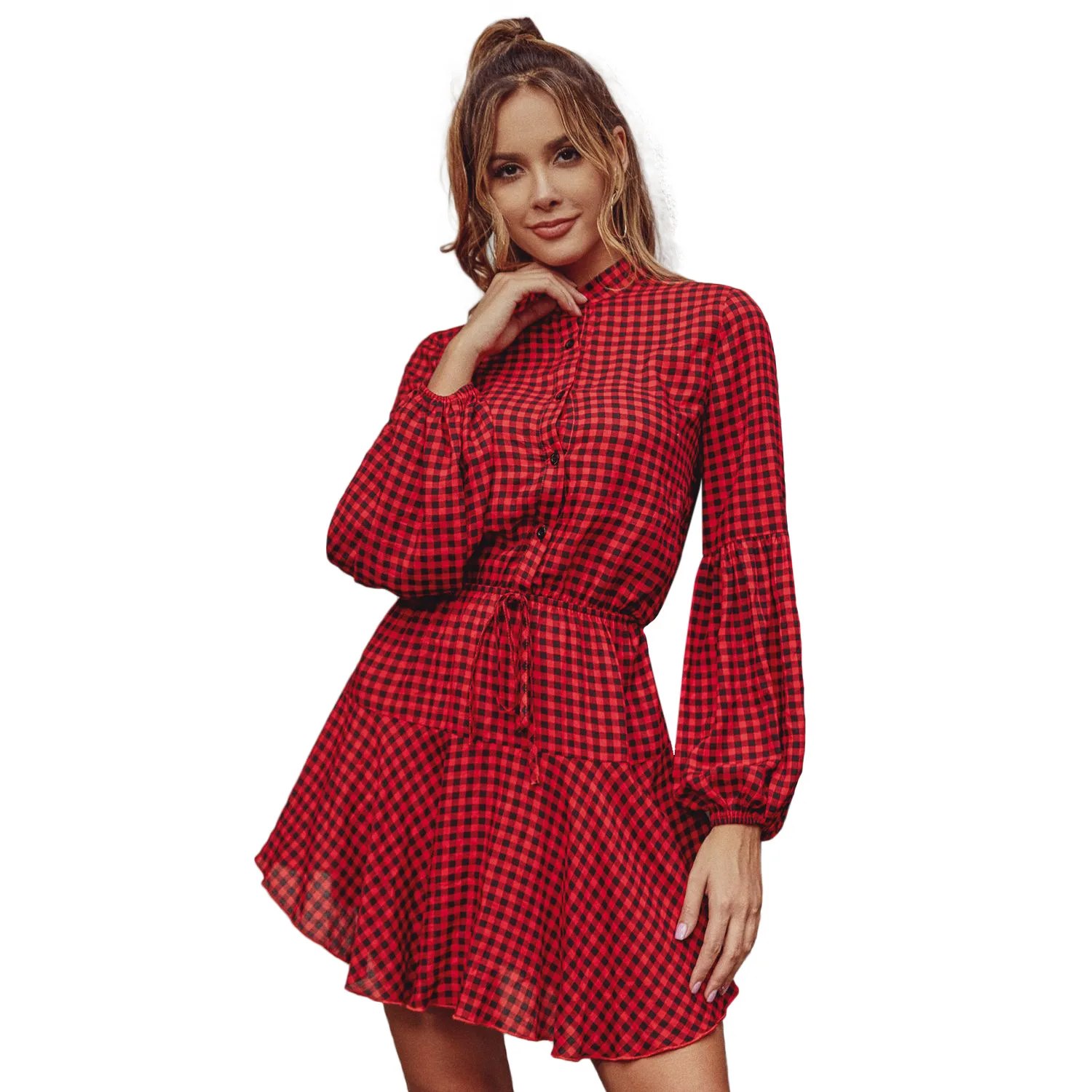 

red tartan front buttons slim mini dress women dresses summer 2021