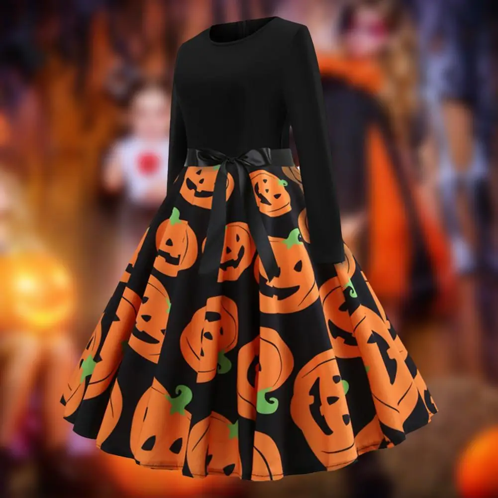 

Hallowen Dress O Neck Bowknot Bat Loose Hem Lady Dress for Halloween