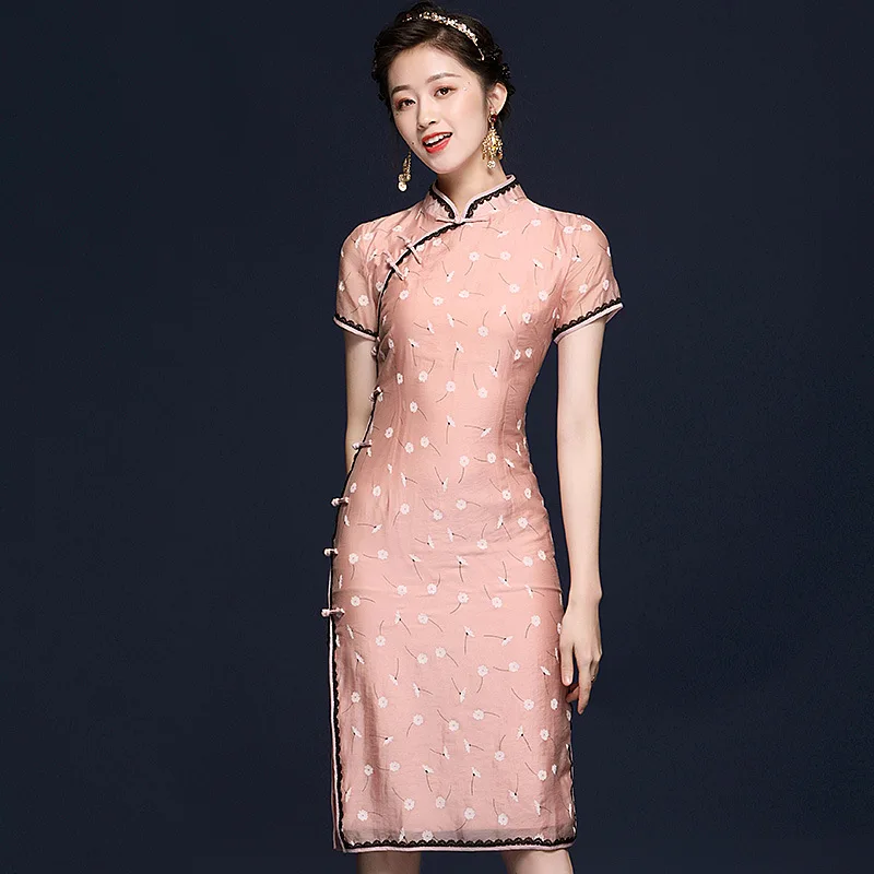 

New Cheongsam New Chinese Style Retro Young Temperament Mid-Length Improved Dress Costume printed silk qipao wedding gown