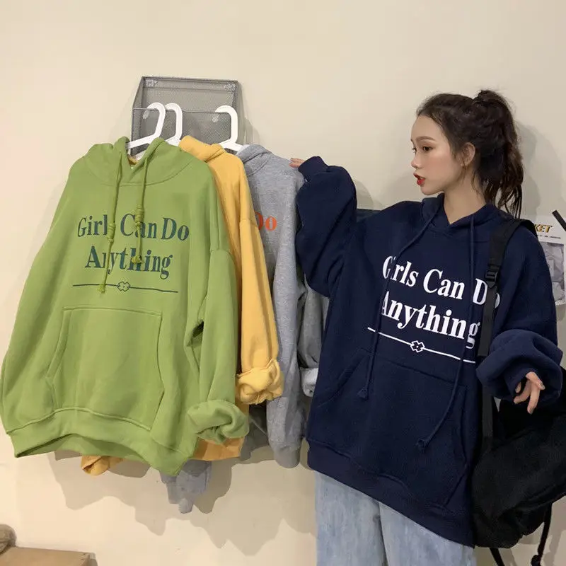

Hoodies Women With Hat Loose Daily All-match Fashionable Students Korean Style Street Wear Harajuku Medium-long Letters Pockets