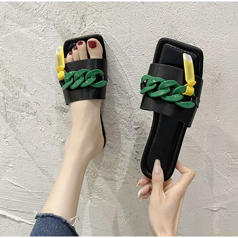 2021 новые женские летние тапочки на плоской подошве с цепочкой квадратный носок