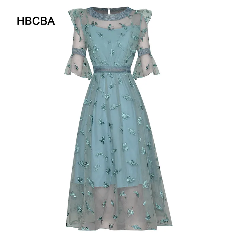 

HBCBA Round Neck Ruffle Horn Short Sleeve Perspective Mesh Heavy Industry Embroidery Waist Closing Large Swing Dress 2021 New