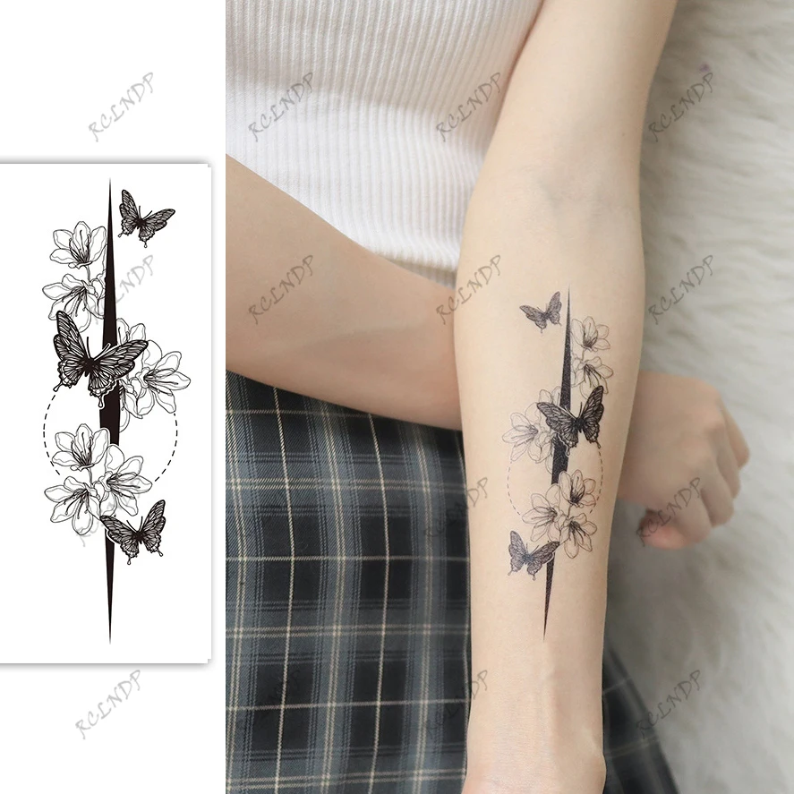

Водостойкая Временная тату-наклейка, бабочка, цветок, линия, элемент, искусственная татуировка, искусство ног на руку для женщин и мужчин