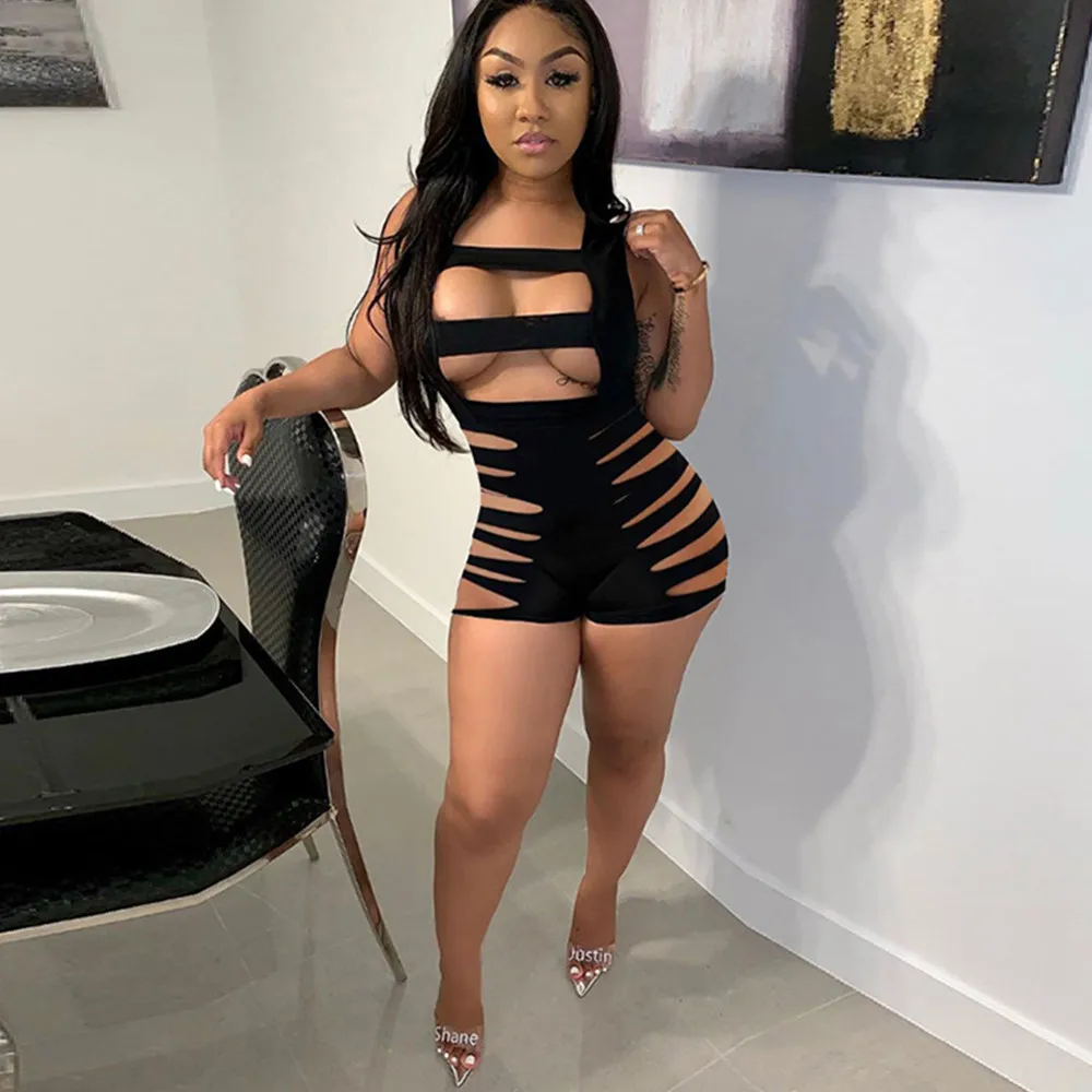 

Black Hollow Out Slim Rompers Womens Jumpsuit High Street Square Collar Sleeveless Playsuit Fashion Ladies One Piece Overalls