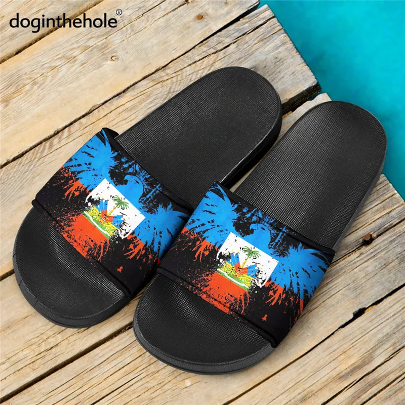 

Doginthehole Haiti Flag Women Slippers For Home Graffiti Eagle Casual Fashion Outdoor Beach Sandals Blue Red Flat Chausson Femme