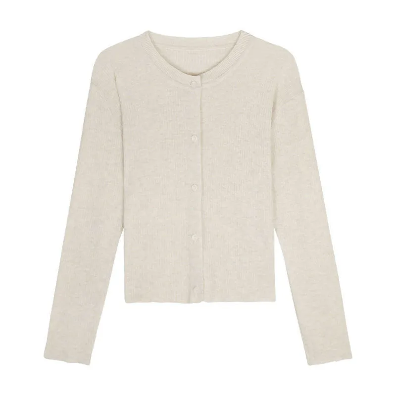 

Korean Pitaya Color Ribbed Knitted Cardigan Women Autumn Long Sleeve Basic Cropped Sweaters Female Casual Tops