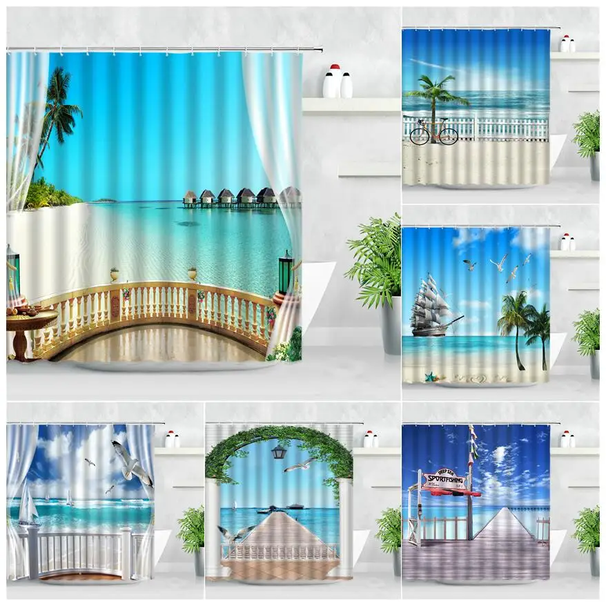 

Outside The Window Landscape Shower Curtains Ocean Green Plants Tree Sailboat Beach Seaside Scenery Bathroom Decor Hooks Curtain