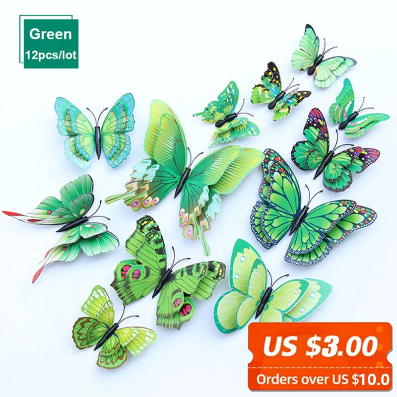 

12 pcs 3D Green Simulation Butterfly Wall Sticker Stereoscopic Double PVC Livingroom Children's Room Background Wall Paste