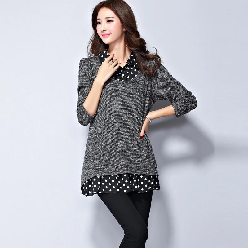 

Блузка женская трикотажная в горошек, с отложным воротником и длинным рукавом