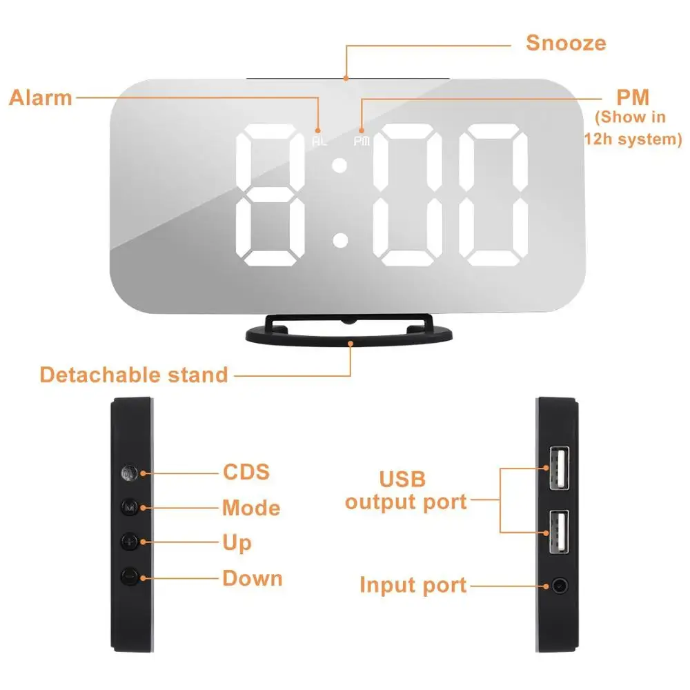 

New LED Alarm Clock Mirror Digital Clocks Snooze Time Temperature Night Display Reloj Despertador 2 USB Output Ports Table Clock