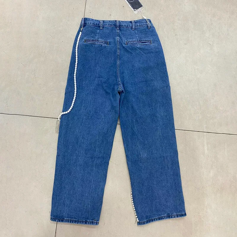 

SHENGPALAE Sweet Love Hole Pearl Chain Jeans Women's Autumn 2021 New High Waist Loose Wide Leg Straight Denim Pants Female 5E323