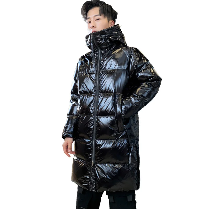 

2021 simple winter new men mid length jacket hooded loose down padded handsome solid colour thickened padded coat