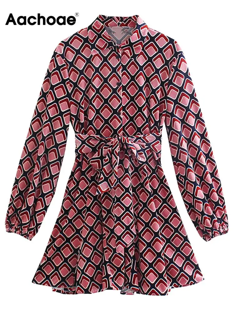 

Aachoae Geometric Printed Dresses Women Casual Turn Down Collar Lantern Long Sleeve Dress Female Fashion Elegant A Line Dress