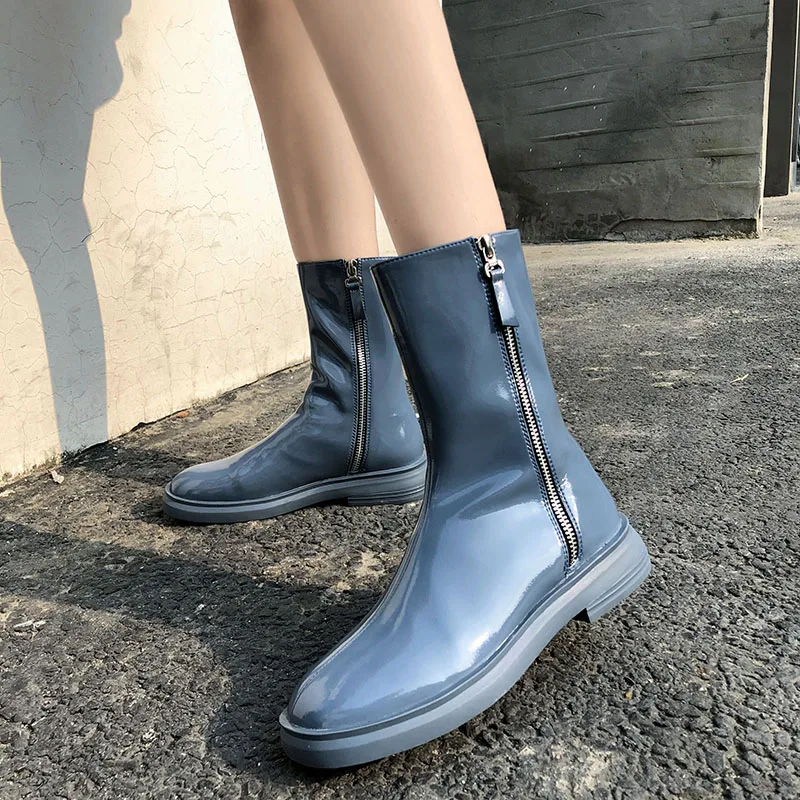 

QZYERAI 2021 Women Genuine Leather Boots Fashion Handmade Cow Leather Patent Leather Short Boots Platform Short Boots