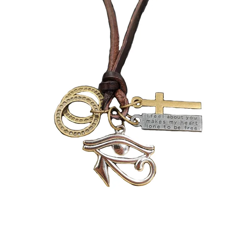 100% воловья веревка Ретро панк ожерелье религия символ глаза Гора бронза Крест