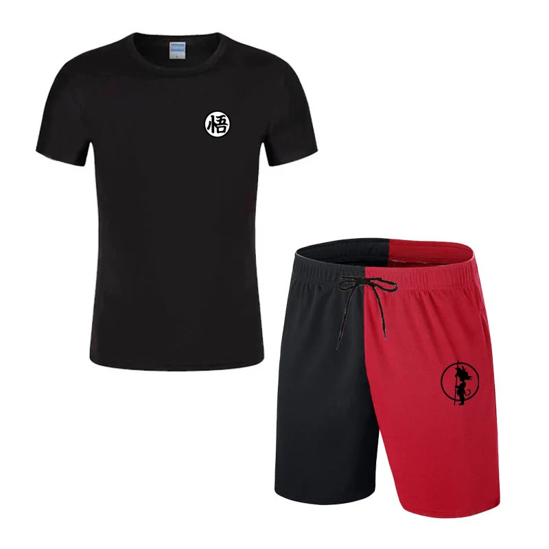 

Summer Mesh Short-Sleeved T-Shirt + Left And Right Color Matching Drawstring Shorts Men's Suit Fashion Jogging Sportswear M-3XL