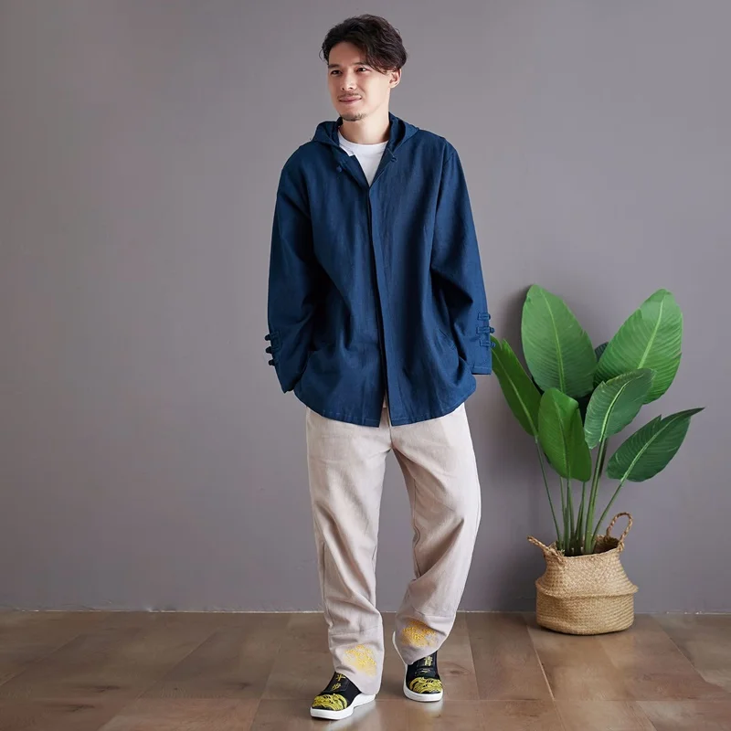 Мужское длинное кимоно с вышивкой дракона черное хлопковое Свободное пальто