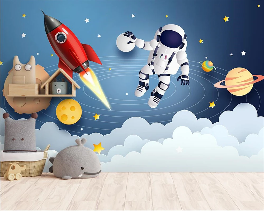 

beibehang wall papers home decor Customized modern hand-painted cartoon astronaut space children's room background wallpaper