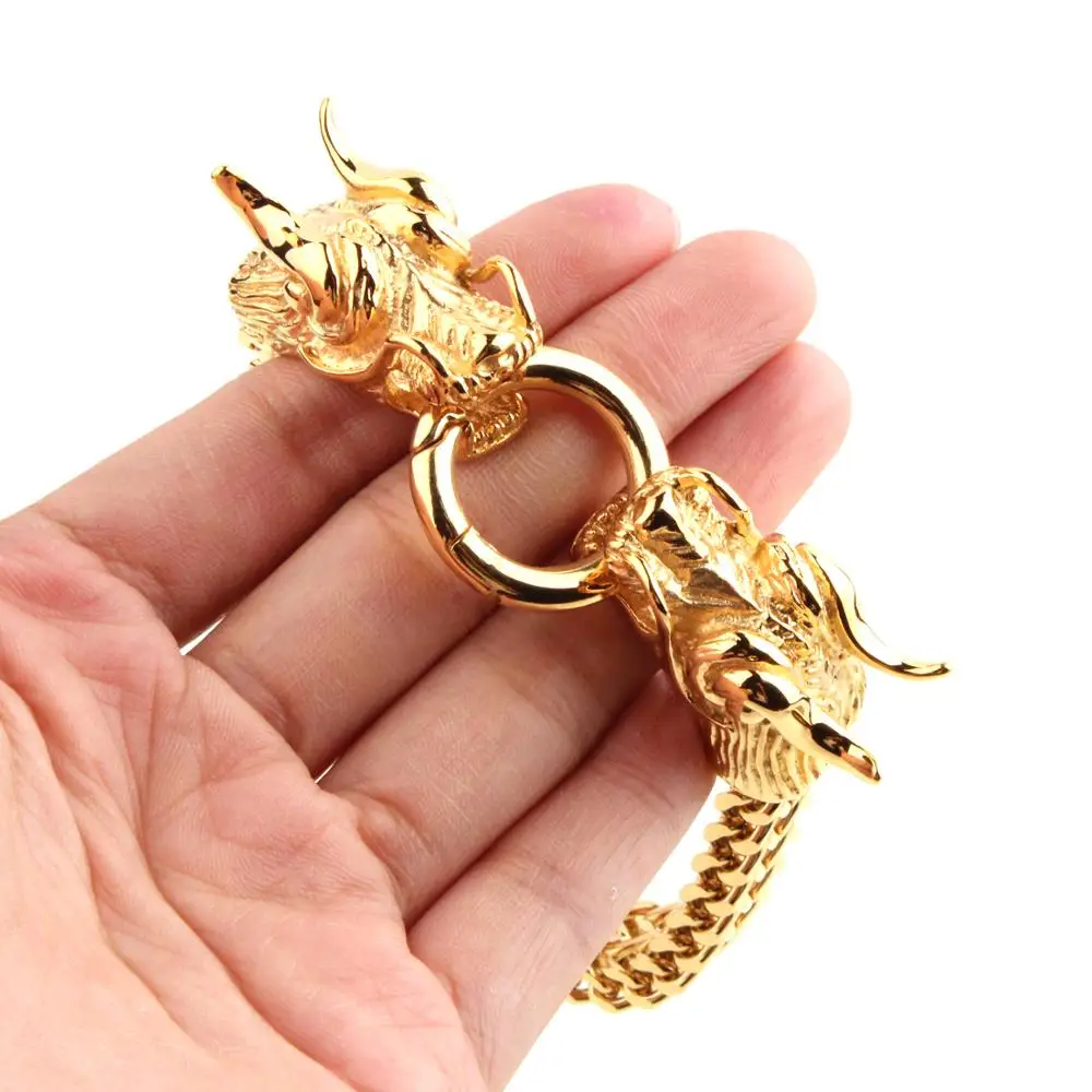 Браслет-цепочка мужской в стиле панк с двойной Головой Дракона елочку из