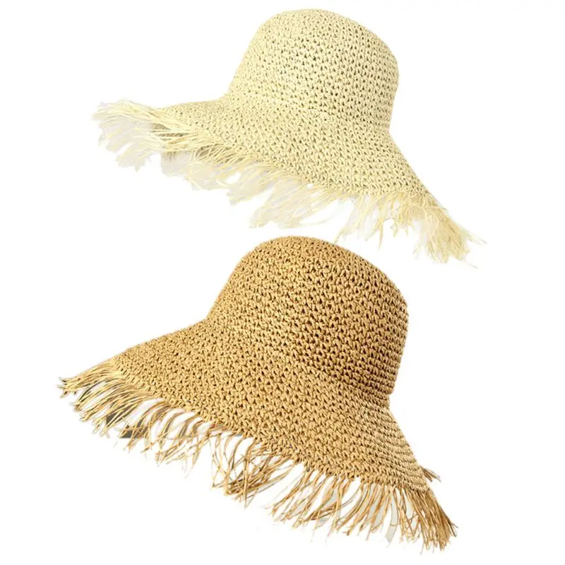 

Women Summer Crochet Woven Straw Sun Visor Hat Fringed Tassels Large Wide Brim UV Protection Floppy Packable Beach Cap