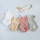 Комплект летней одежды из 2 предметов для новорожденных девочек, 8 цветов, однотонный вязаный укороченный топ + шорты, 0-24 мес.