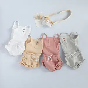 Комплект летней одежды из 2 предметов для новорожденных девочек, 8 цветов, однотонный вязаный укороченный топ + шорты, 0-24 мес.