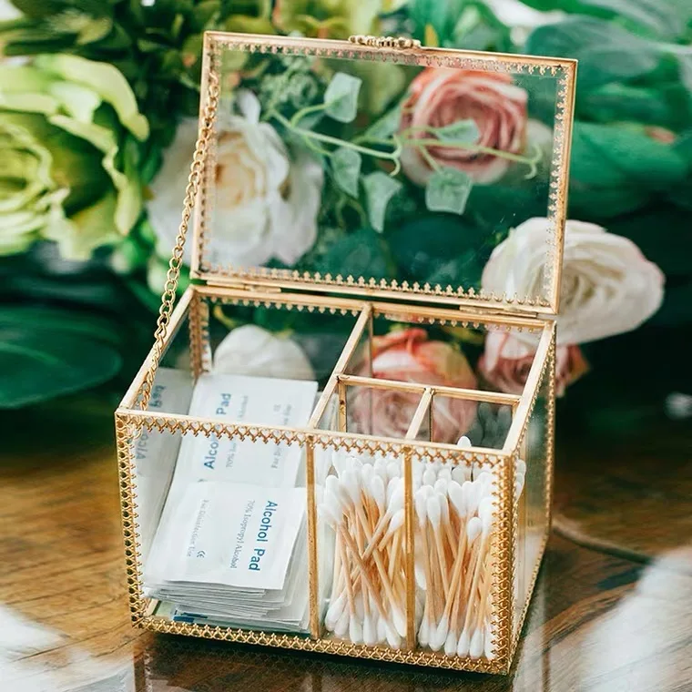 

Nordic Delicate Glass Copper Cotton Swab Box Desktop Cosmetic Storage Holder Nail Art Organizer Dressing Dust Proof Storage Case