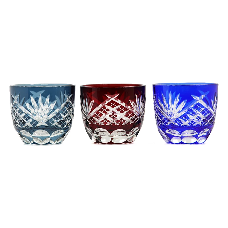 

Hand Cut Colored Glasses Shochu Sake Whiskey Shot Glass Tumbler Blue Red Handcraft Set of 2 pieces