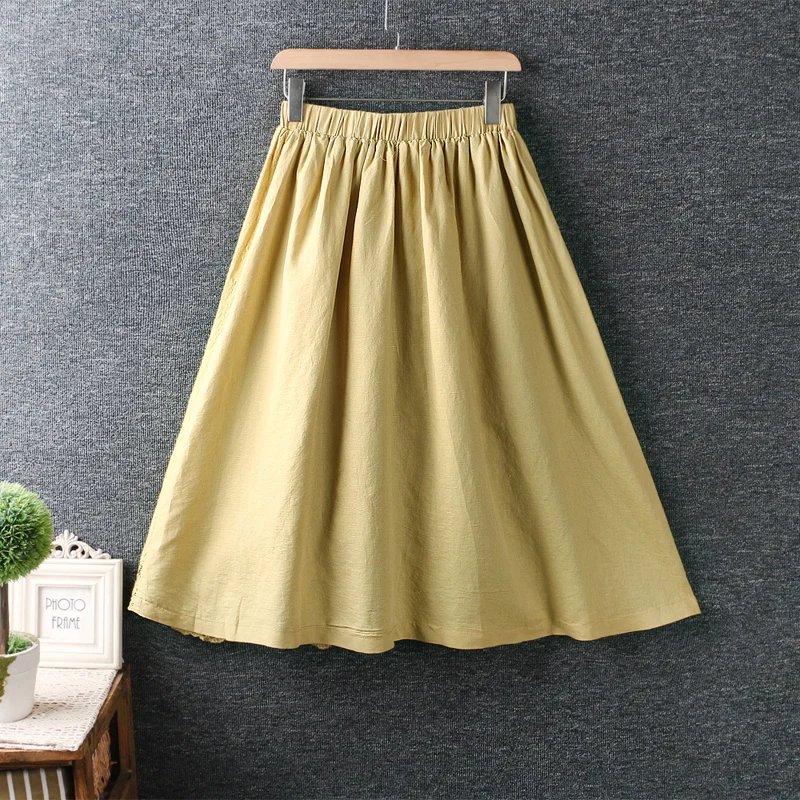 

Summer new women's Japan style sweet elastic waist embroidery stitching flounce cotton hemp long skirt loose pocket skirt