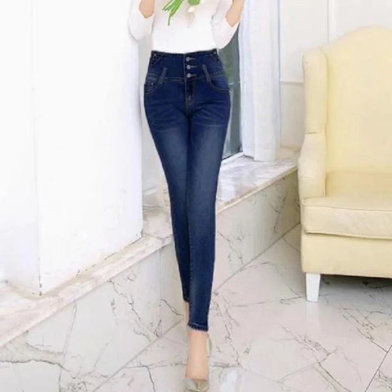 

2020 winter thick warm fleece Woman denim pants high elastic waist slim jeans for women autumn spring pencil pant female