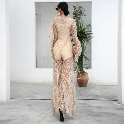 Sexy Deep V Ruffles Long Sleeve Female Elegant High Split See Through Jumpsuit | Женская одежда