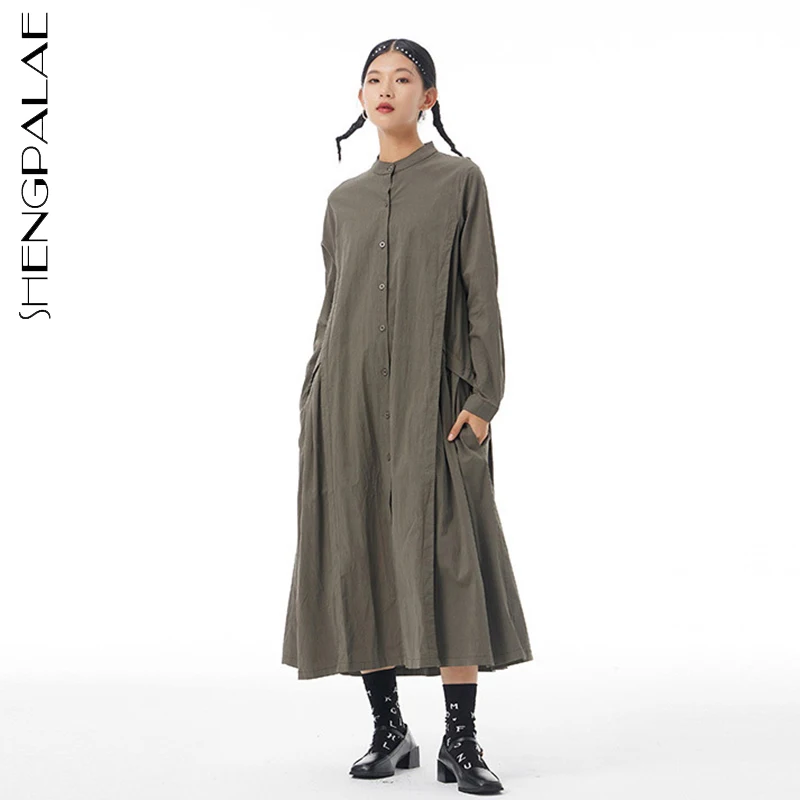 

SHENGPALAE Fashion Spliced Solid Color Dress Women Autumn 2022 New Round Neck Single Breasted Loose Long Sleeve Mid-calf Dresses