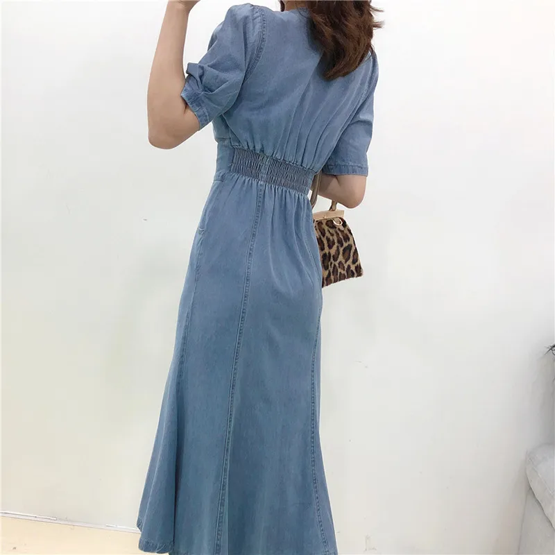 В стиле ретро Платье из джинсовой ткани с v образным вырезом Пояс для Похудения