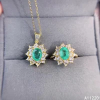 fine jewelry 925 pure silver inset with natural gemstone womens luxury exquisite flower emerald pendant ring set support detect