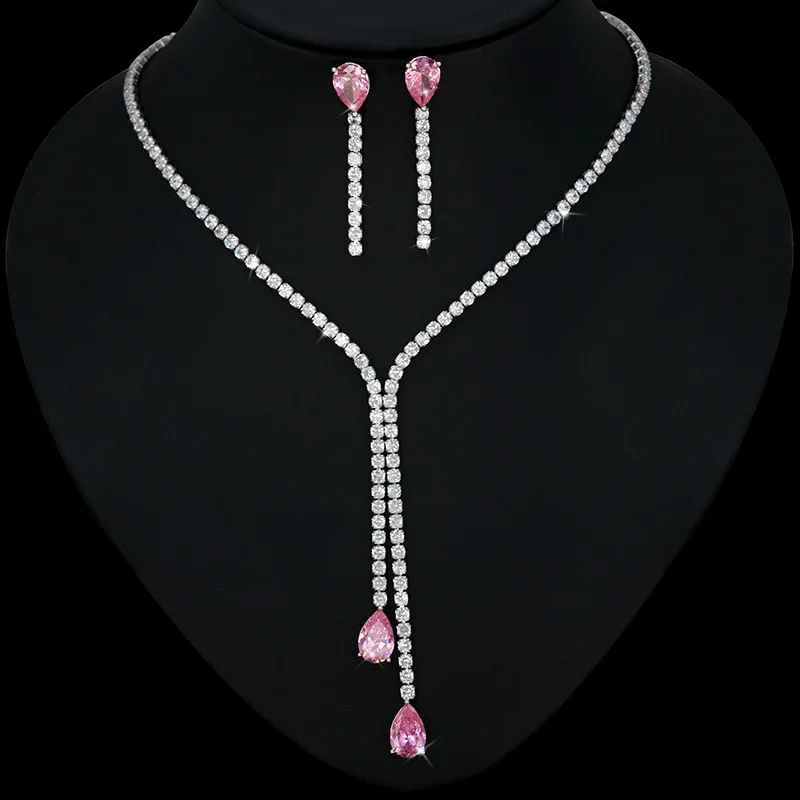 

Bilincolor Pink Cubic Zirconia Earring and Necklace Jewelry Set for Bridal Wedding