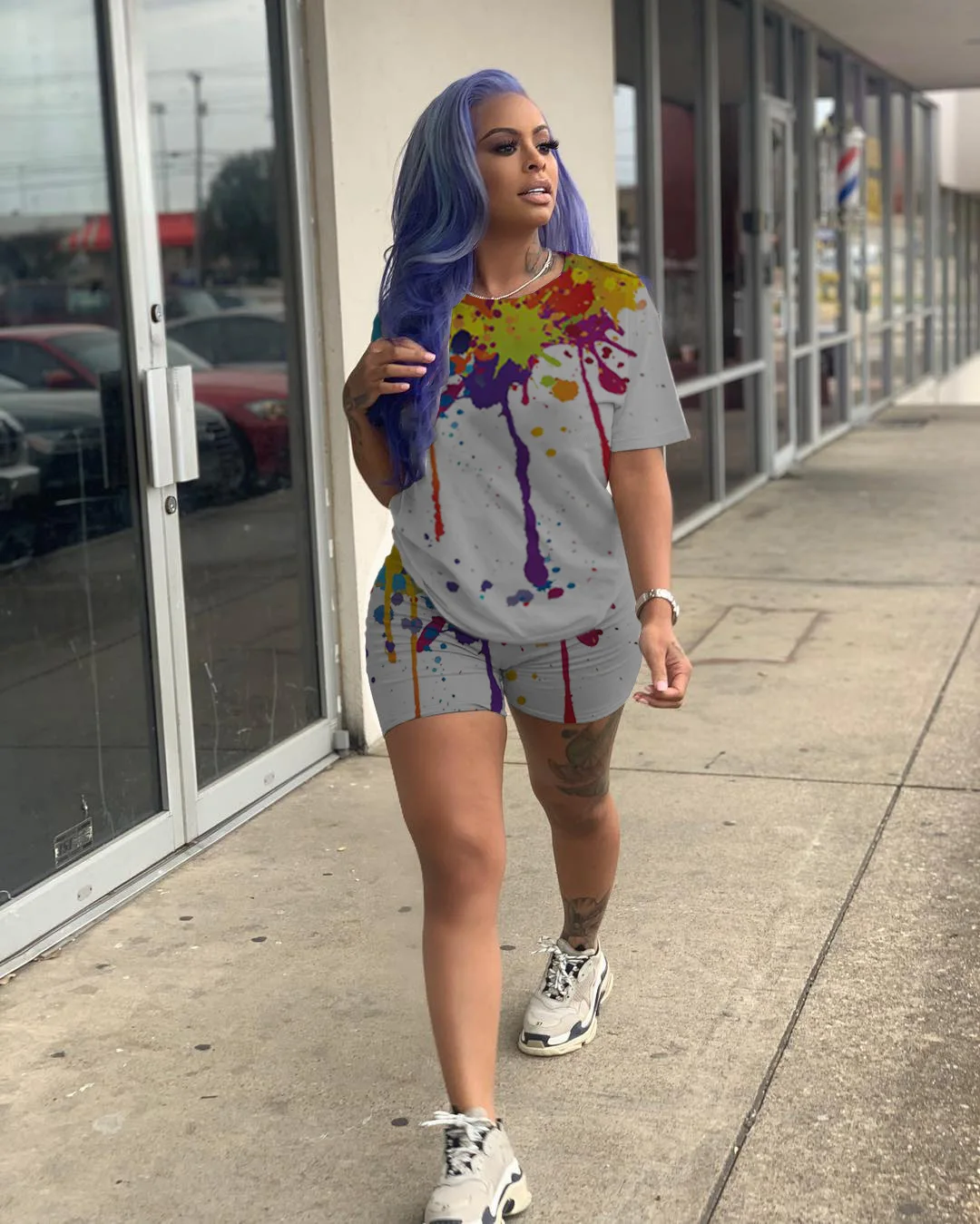 

Summer T-Shirt Printing Home Leisure Suit Ink-Jet Short Sleeve+Shorts Athletic Wear Two Piece Jogging Suit